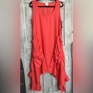 NWT FORCYNTHIA Linen Blend Sharkbite Flower Slouch Pocket Dress (Size: M)